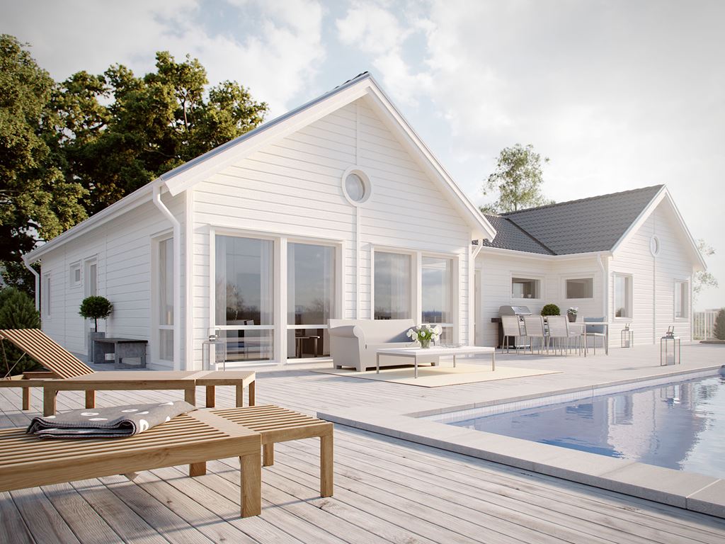 Enplanshus med sadeltak Ballad. Från Myresjöhus.